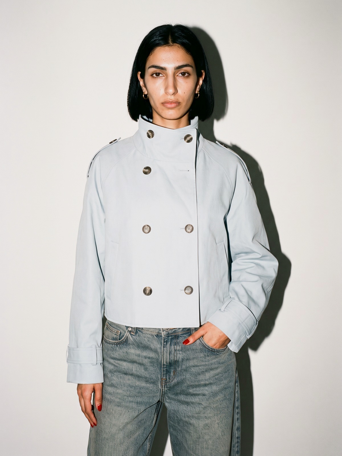 Cropped Double-Breasted Trench Jacket — Sky Blue