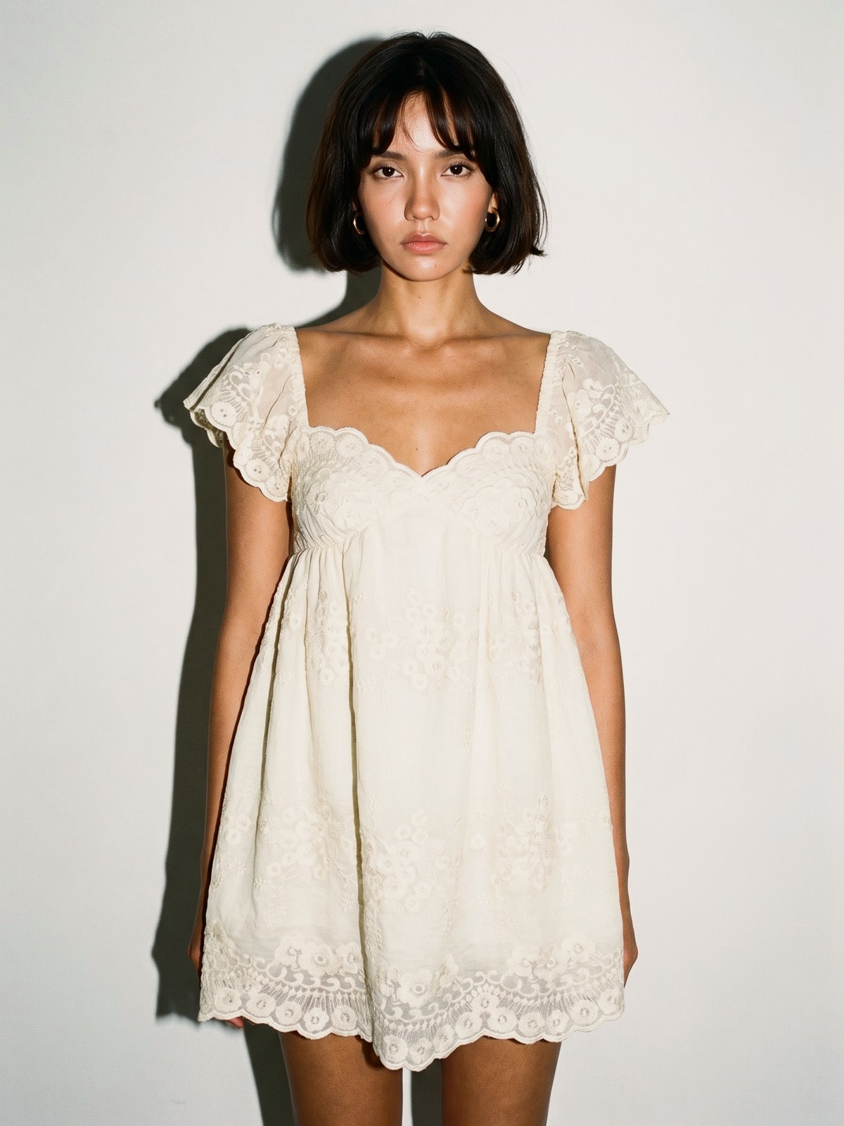 Embroidered Babydoll Mini Dress — Cream