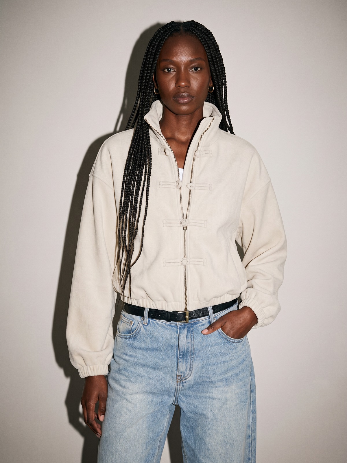 Frog Button Cropped Jacket — Cream