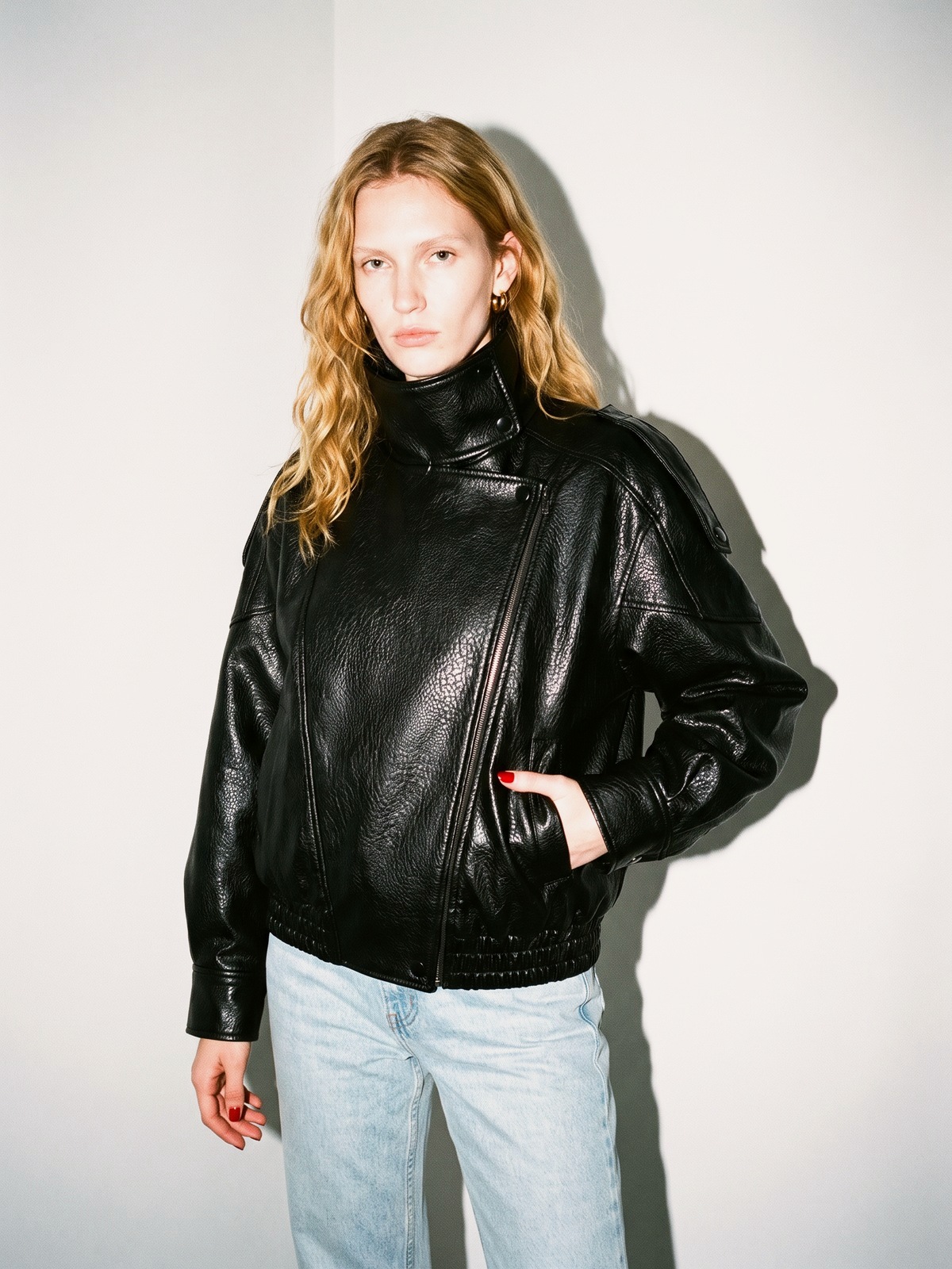Oversized Faux Leather Moto Jacket — Black