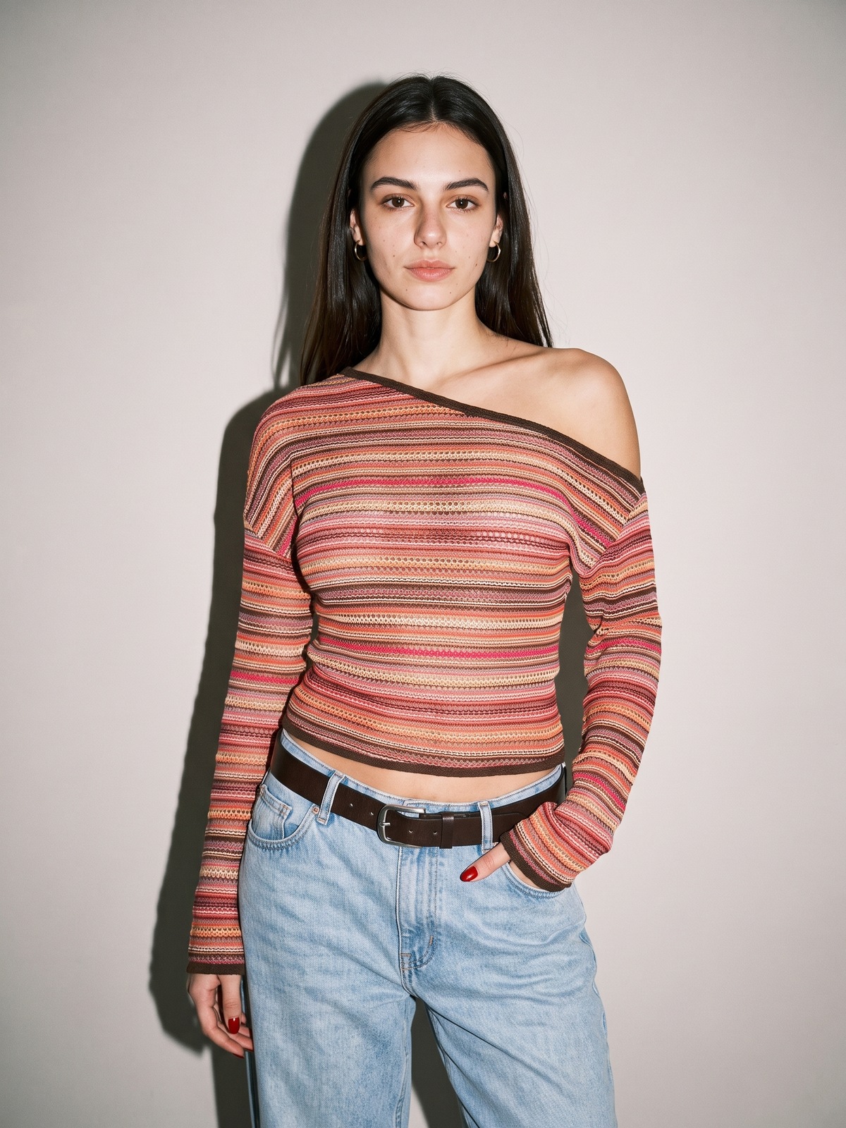 Striped Off-Shoulder Long Sleeve Top — Orange Red Stripe