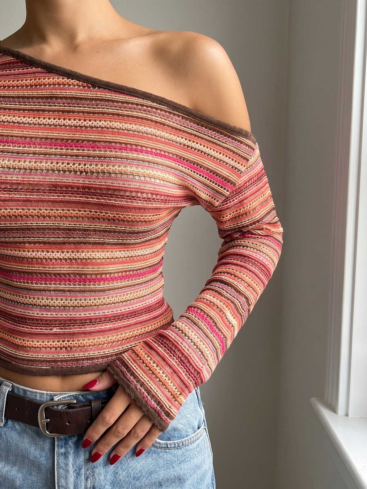 Striped Off-Shoulder Long Sleeve Top — image 4