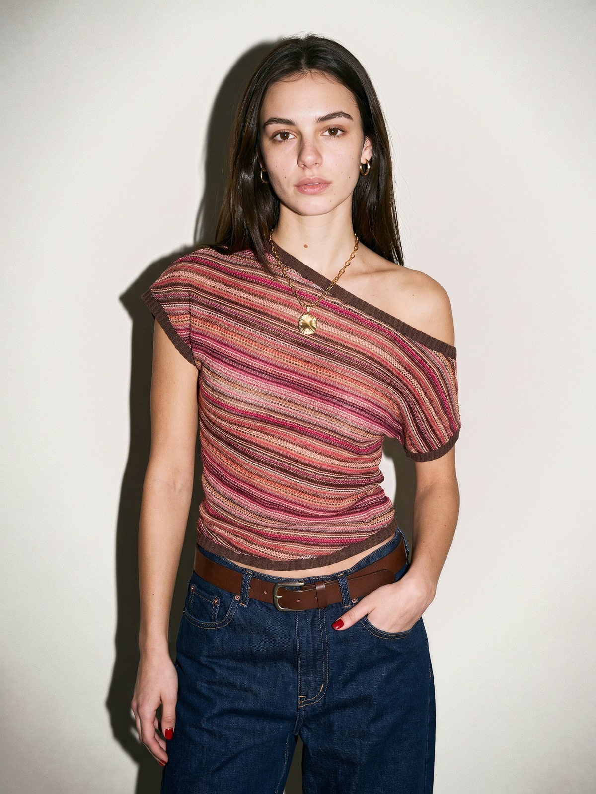 Striped One-Shoulder Knit Top — Sunset Stripe