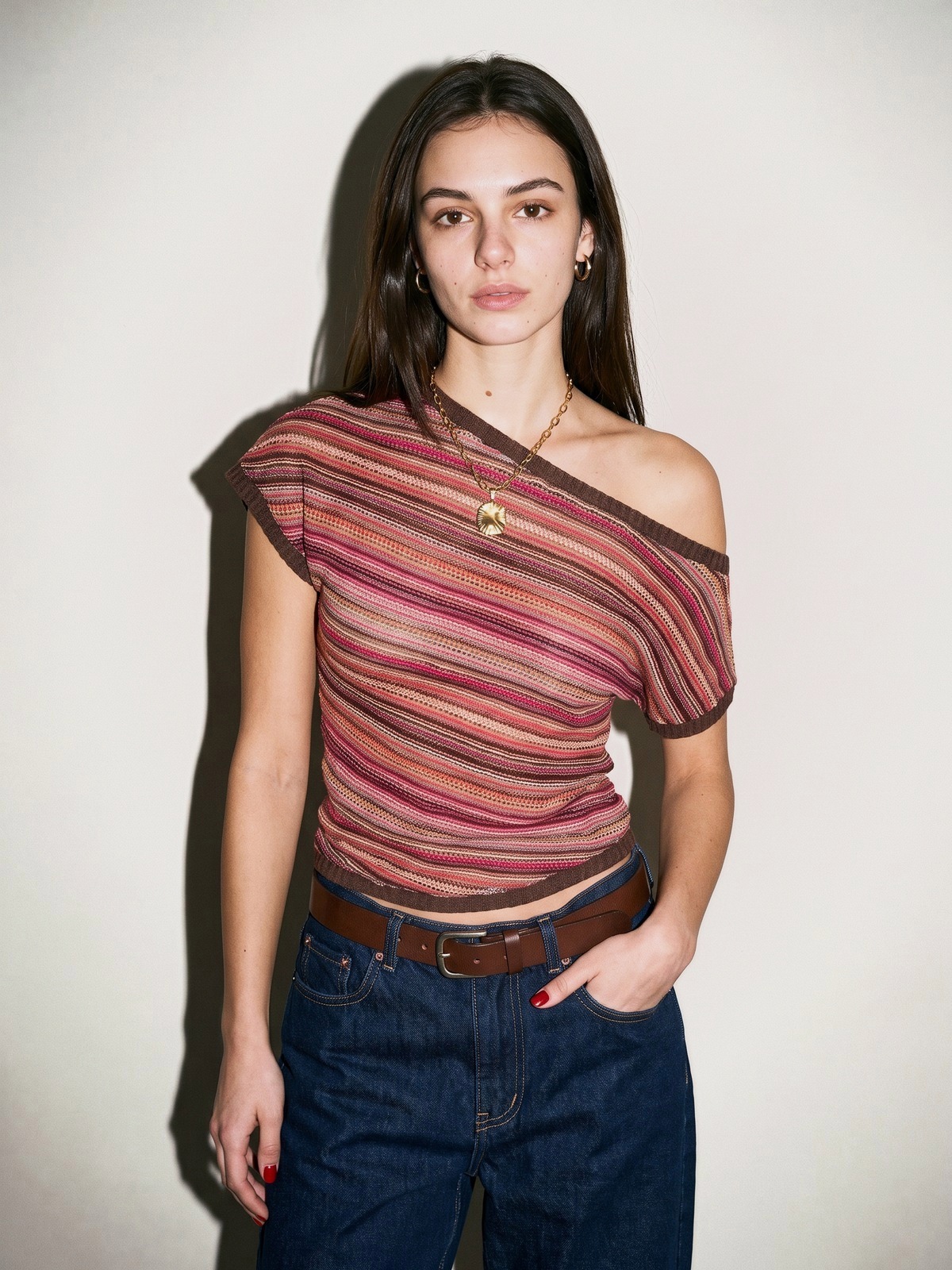Striped One-Shoulder Knit Top
