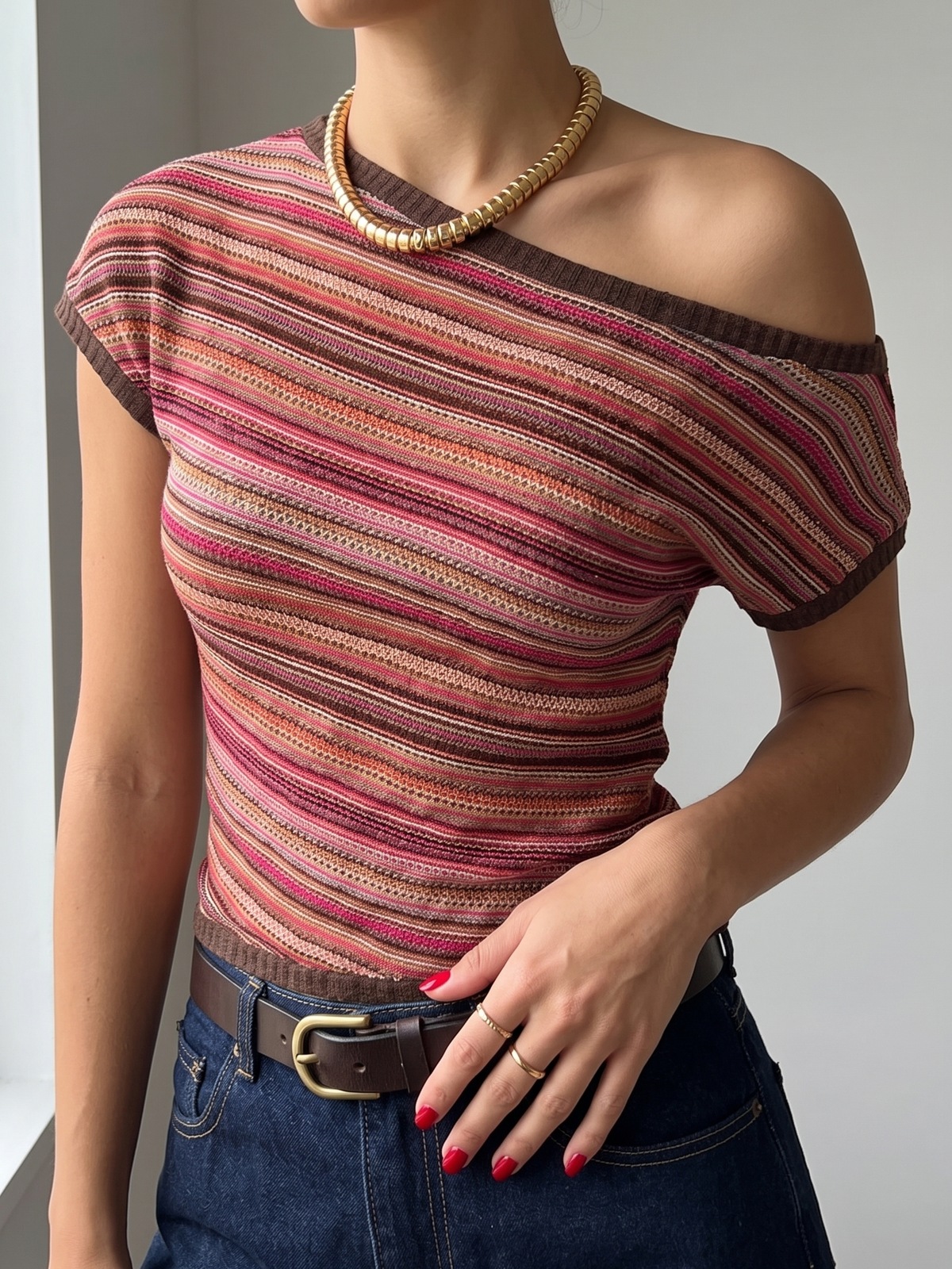 Striped One-Shoulder Knit Top — image 4